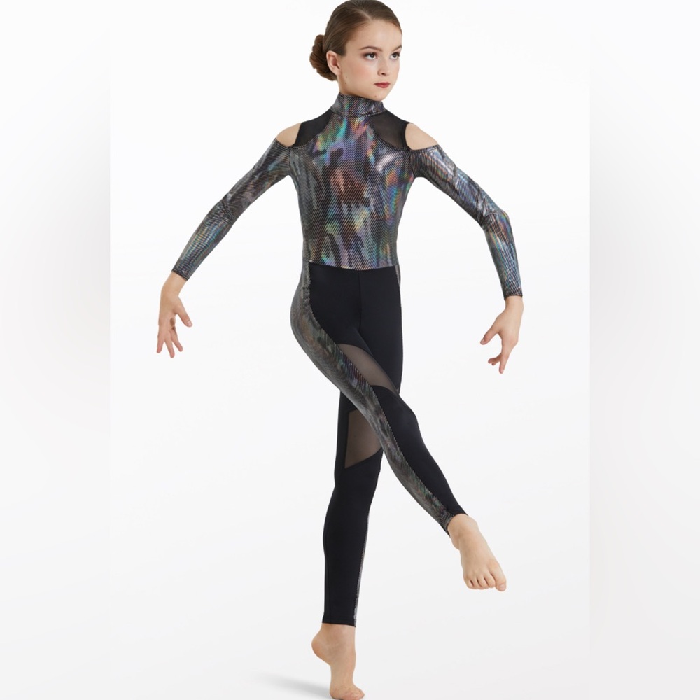 Weissman, black, holographic unitard, dance costume, large child
